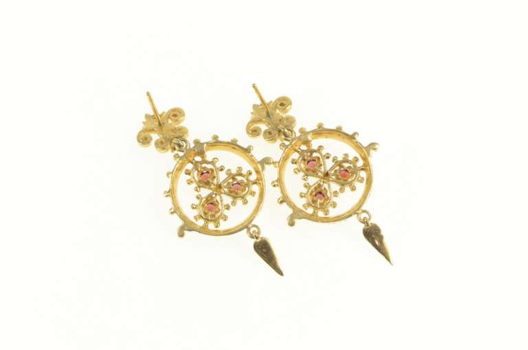14K Yellow Gold Ornate Garnet Filigree Dangle Drop Statement Earrings