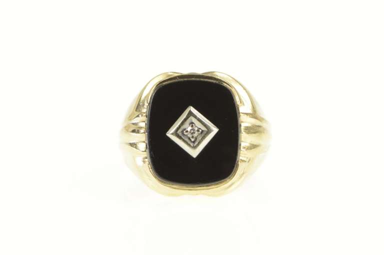 10K Yellow Gold Black Onyx Diamond Overlay Squared Statement Ring