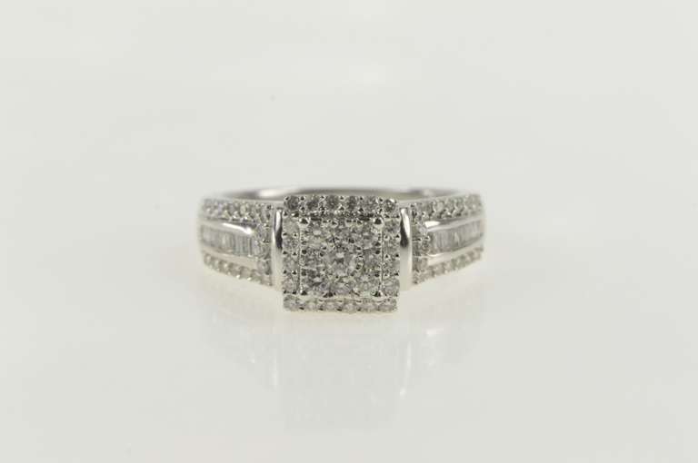 14K White Gold 0.83 Ctw Diamond Square Cluster Engagement Ring