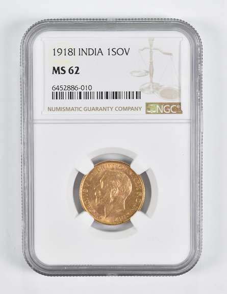 MS62 1918-I India 1 Sovereign Gold Coin NGC