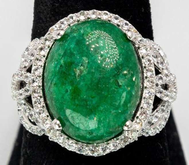 Precious 10.22CTS Cabochon-Cut Natural Emerald & 3.17CTW White Topaz Ring in Sterling Silver