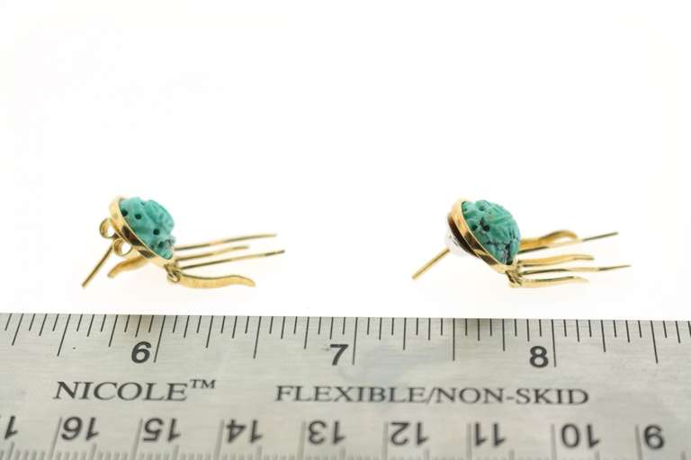 Vintage Etched Turquoise Sun Earrings in 18k Yellow Gold