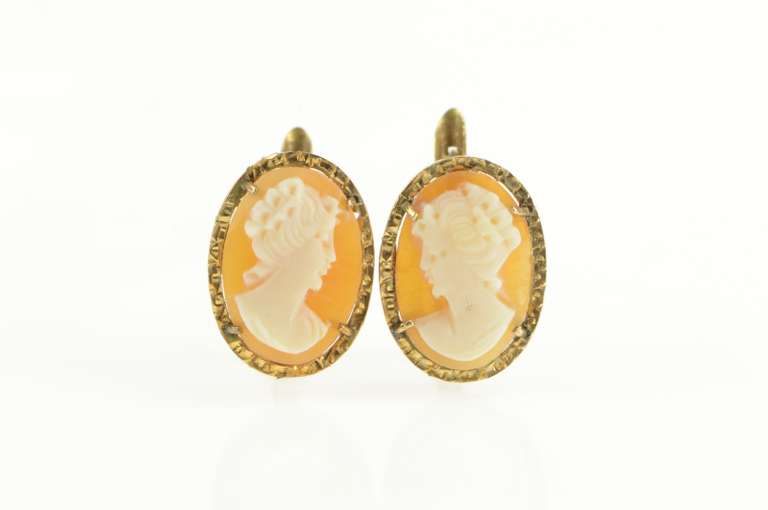 14K Yellow Gold Ornate Carved Shell Cameo Lever Back Classic Earrings