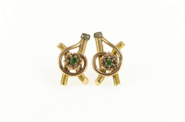14K Yellow Gold Victorian Emerald Seed Pearl Flower Swirl Bar Earrings