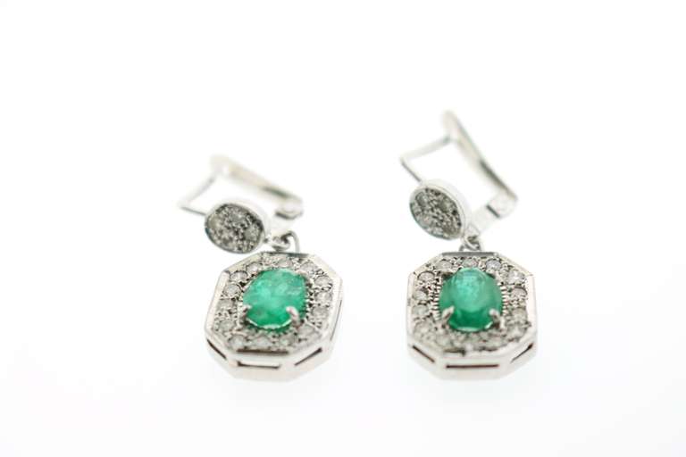 Brilliant 18k White Gold Emerald Earrings surrounded by Diamonds