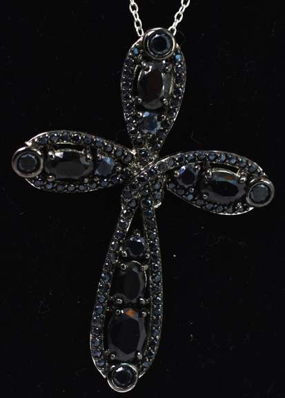 Sterling Silver Cross Necklace with Black Stones