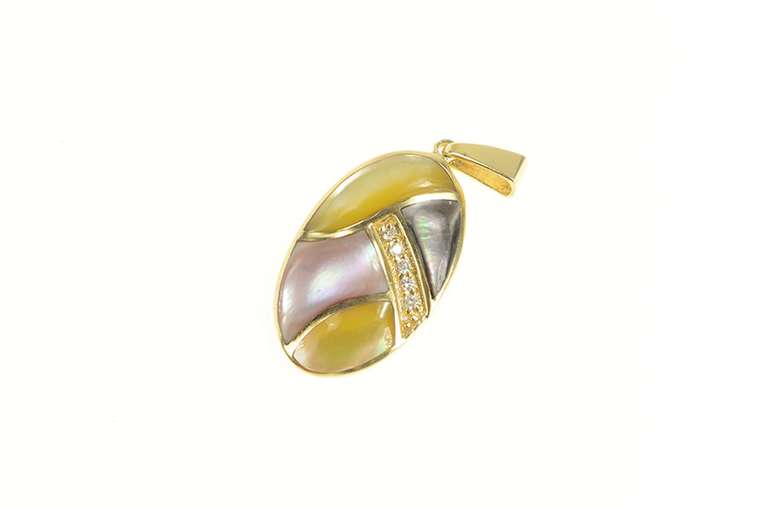14K Yellow Gold Diamond Mother of Pearl Curve Inlay Oval Pendant