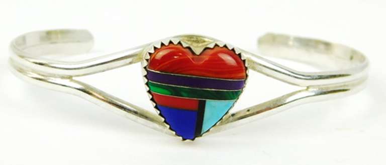 Q.T. Navajo Zuni Sterling Gemstone Heart Cuff