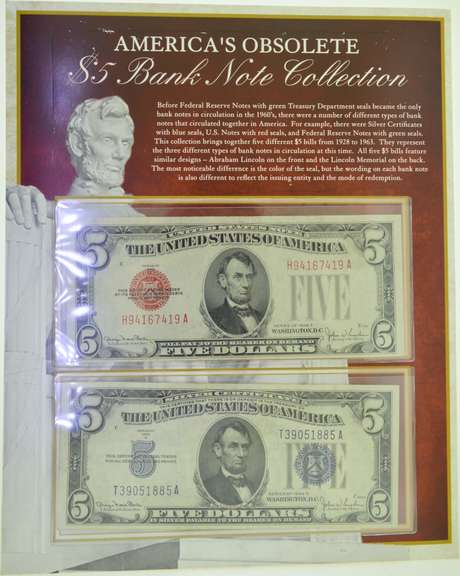 America's Obsolete $5 Bank Note Collection lot of (5)