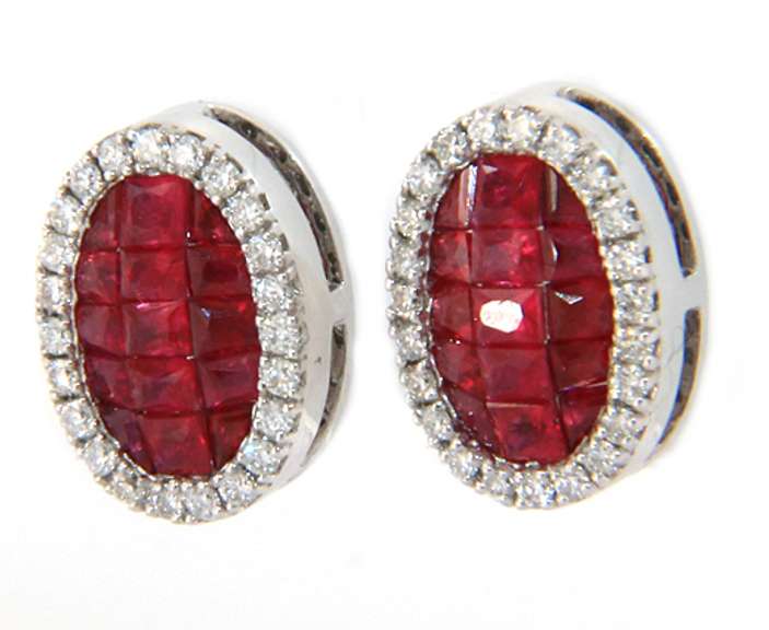 Brand New Invisible Set Ruby and Diamond Frame Stud Earrings