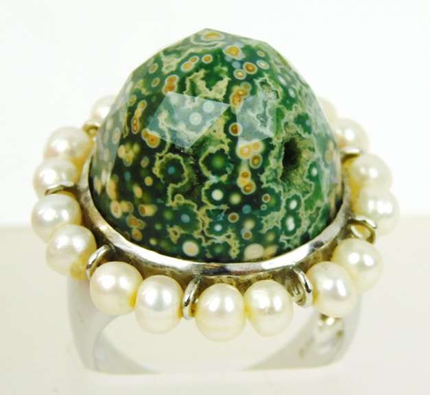 Huge Green Ocean Jasper & Pearls Sterling Ring, Size 7.5