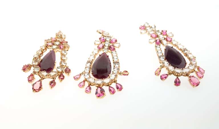18k Gold Ruby and Tourmaline and Topaz Estate Earring & Pendant Chandellier Style Jewelry Suite Set