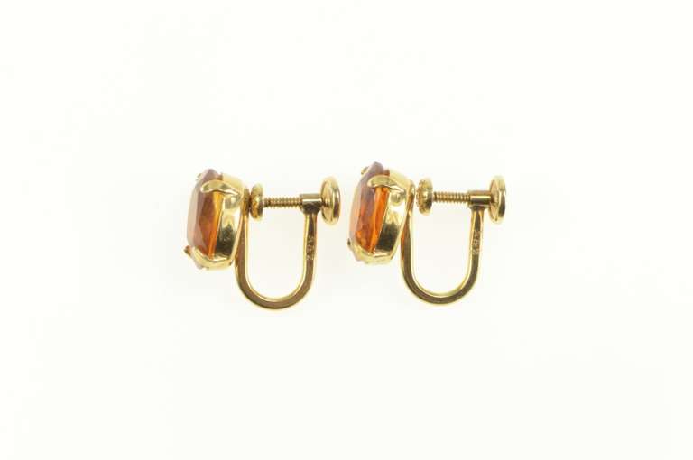 14K Yellow Gold Oval Syn. Citrine Inset Screw Back Retro Earrings