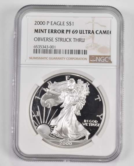 Mint Error PF69 UCAM 2000-P American Silver Eagle OBV Struck Thru NGC