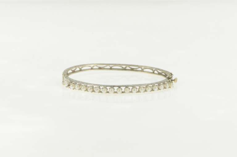 14K White Gold Pearl Ornate Embossed Scroll Oval Bangle Bracelet