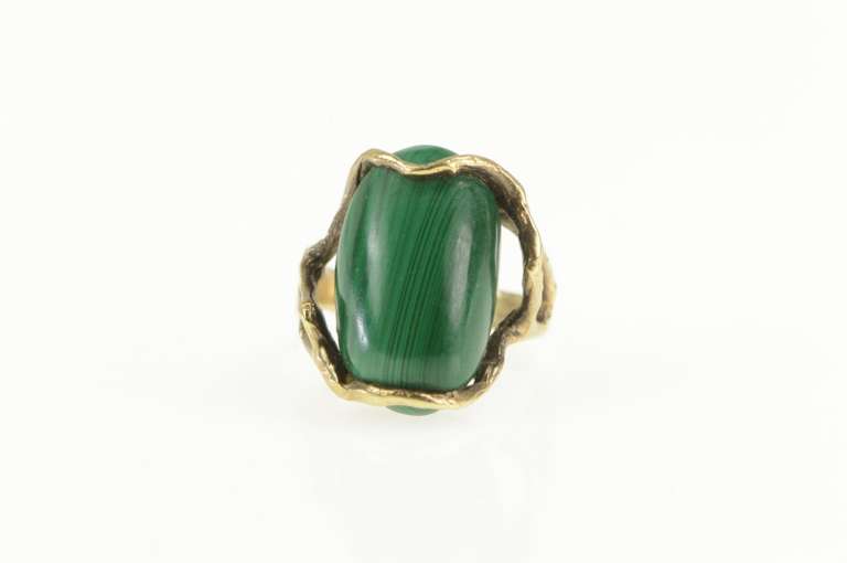14K Yellow Gold Oval Malachite Cabochon Abstract Tree Branch Ring