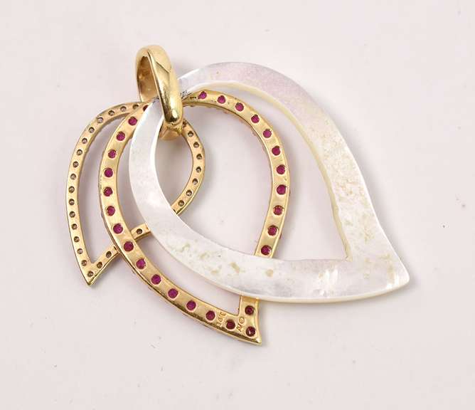 Ravishing Ruby, Diamond, and Mother of Pearl Pendant in 14K Yellow Gold