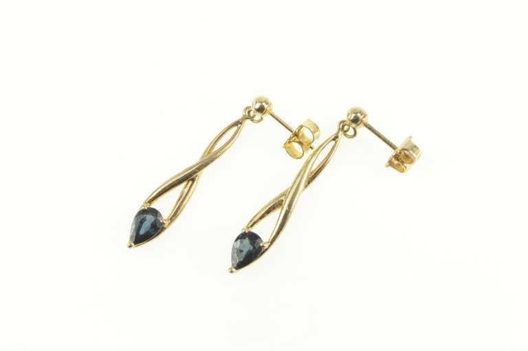 14K Yellow Gold Pear Sapphire Inset Twist Dangle Drop Earrings