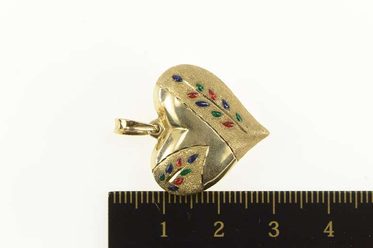 14K Yellow Gold Red Green Blue Enamel Leaf Vine Heart Puffy Pendant