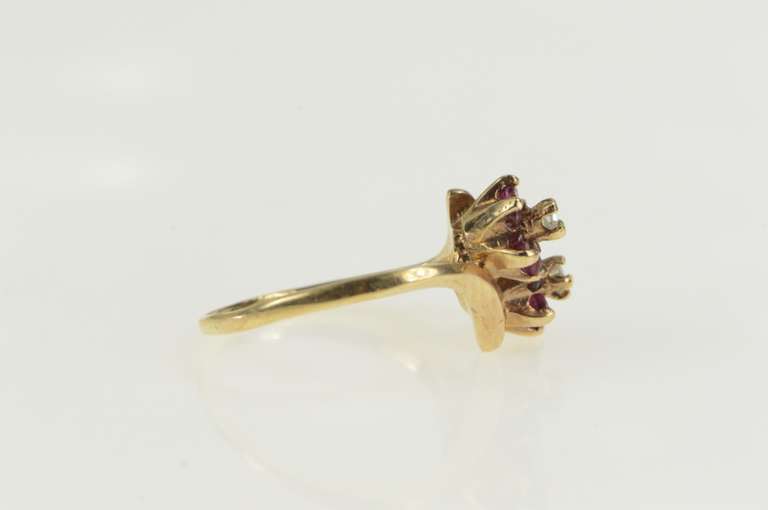 10K Yellow Gold Diamond Ruby Flower Halo Cluster Bypass Ring