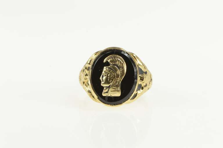 10K Yellow Gold Black Onyx Trojan Soldier Overlay Statement Ring