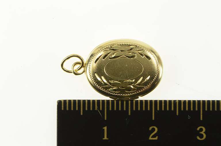 14K Yellow Gold Etched Floral Vine Picture Photo Locket Charm/Pendant