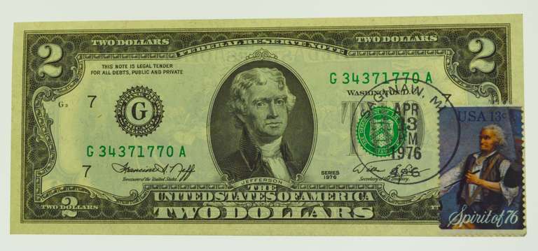 1976 First Day Issue Bicentennial UNC $2 Dollar Bill With Cancellation Stamp