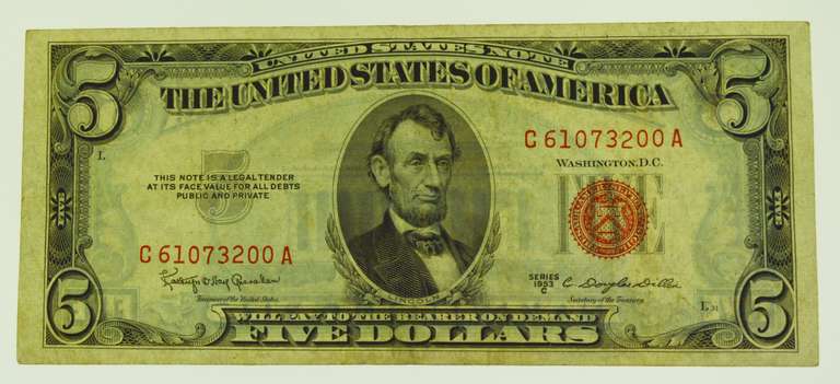 1953-C $5 Five Dollars Red Seal Lincoln Bank Note US Bill
