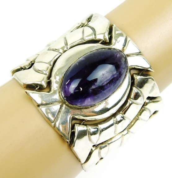 Rare Fred Davis, Mexico Sterling Amethyst Wide Bracelet