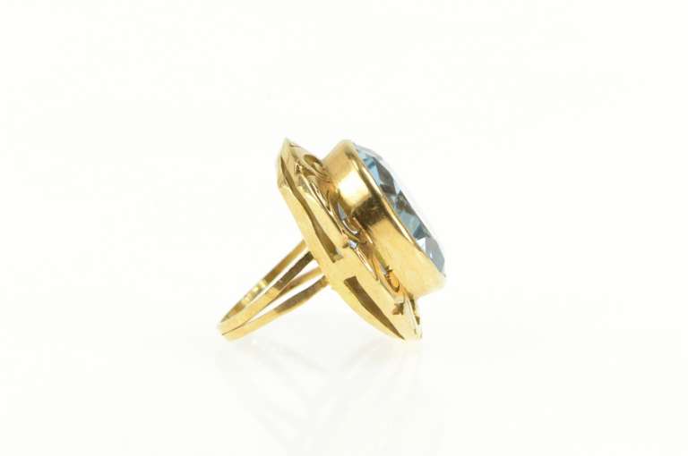 14K Yellow Gold 1930's Massive Blue Topaz Ornate Etched Halo Ring