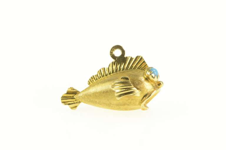 18K Yellow Gold 1960's 3D Turquoise Eyed Fish Retro Charm/Pendant