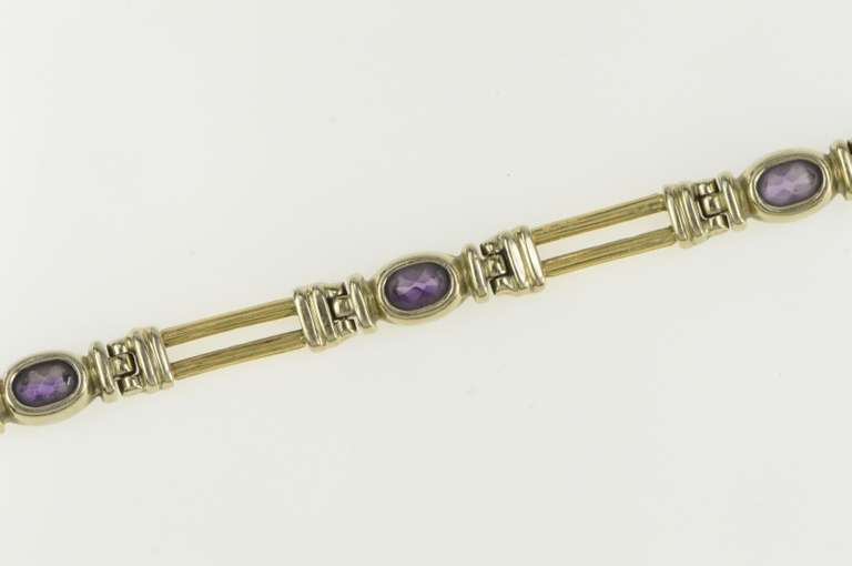 14K Yellow Gold Oval Amethyst Inset Squared Bar Link Tennis Bracelet