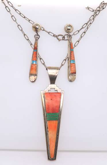 Vintage Sterling Silver Navajo Signed Necklace and Dangle Earrings