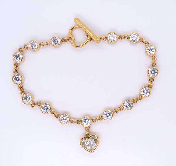Vintage Sterling Silver Cubic Zirconia Bracelet w Heart Shaped Charm