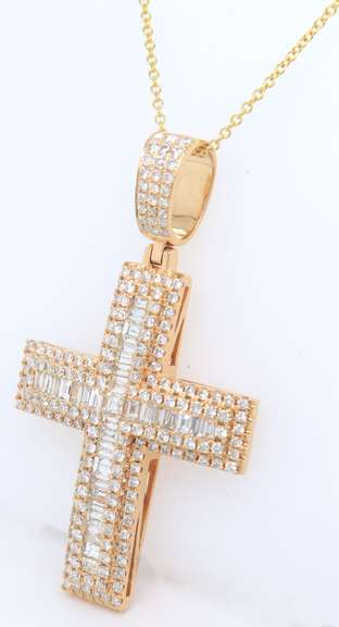 Masterpiece Yellow Gold 5ctw Mixed Baguette Cut and Round Diamond Cross Pendant on Chain