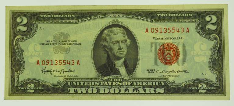 1963 $2 Two Dollar Red Seal Jefferson Bank Note US Bill
