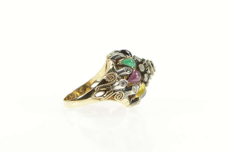 18K Yellow Gold 1960's Diamond Emerald Ruby Quartz Cocktail Ring