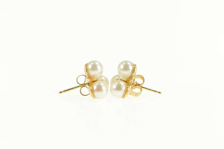 14K Yellow Gold Pearl Clover Shamrock Retro Cluster Stud Earrings