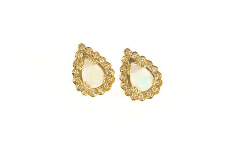 14K Yellow Gold Pear Natural Opal Diamond Halo Stud Earrings