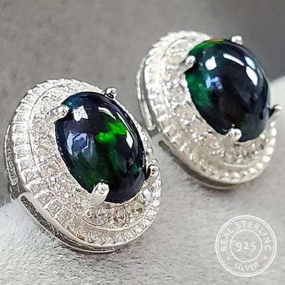 GENUINE ETHIOPIAN BLACK OPAL & CREATED WHITE SAPPHIRE 925 STERLING SILVER EARRINGS