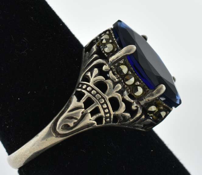 Silver Blue CZ Ring With Marcasite Accents