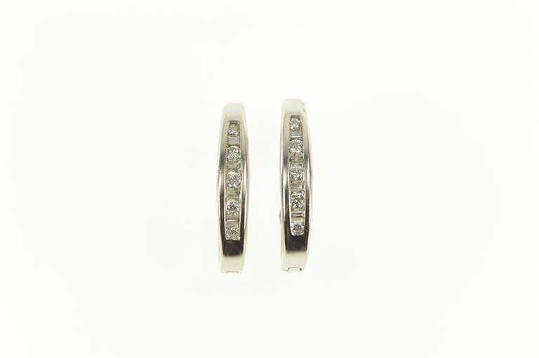 14K White Gold Diamond Channel Inset Oval Classic Hoop Earrings