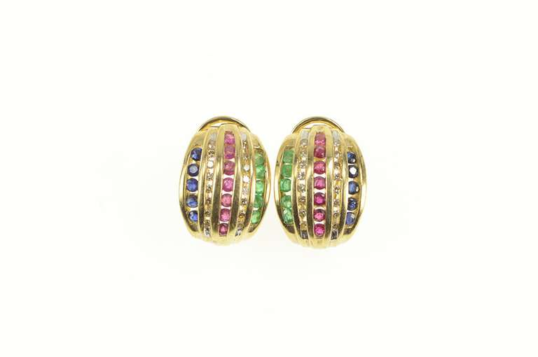 10K Yellow Gold 1.07 Ctw Diamond Emerald Ruby Sapphire Earrings