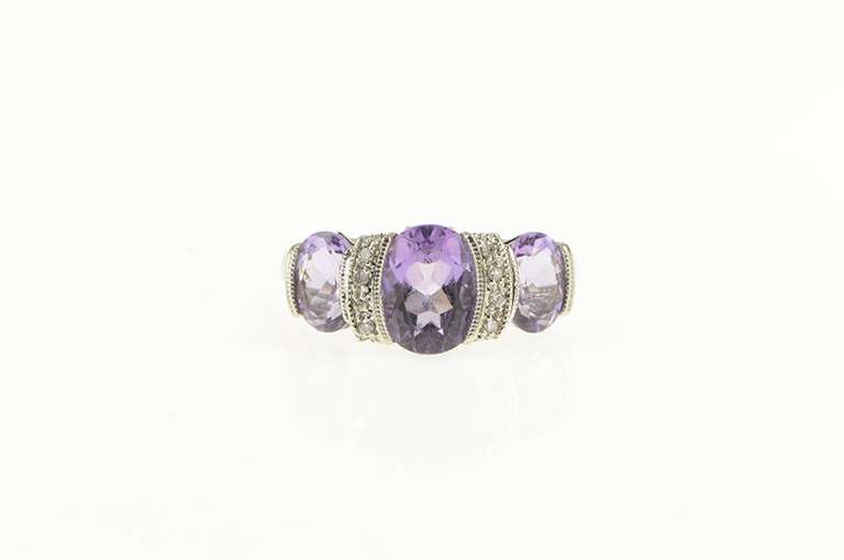 10K White Gold Oval Amethyst Diamond Ornate Statement Ring