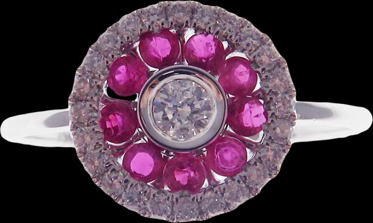 Circular Diamond Center 18k White Gold Ring Flooded with Rubies