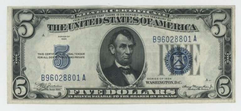 Near Gem Crisp Uncirculated 1934 $5 Silver Certificate note