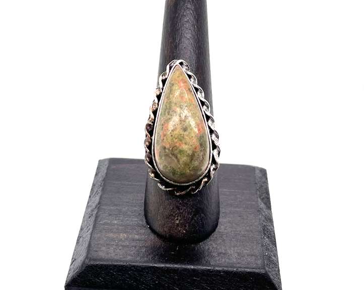 Unakite Jasper Tear-Drop Shaped Statement in Rope Designed Tibetan Silver Ring