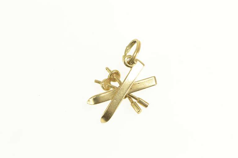 14K Yellow Gold 3D Crossed Skis Skier Winter Sport Charm/Pendant