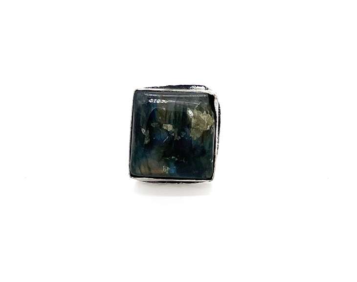 Square Cut Blue-Gray Sheen Labradorite Stone in Tibetan Silver Ring