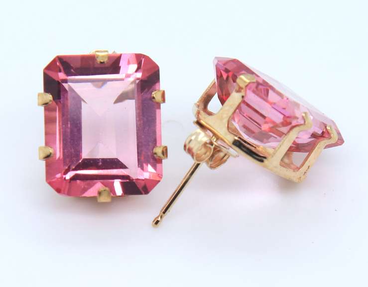 Dreamy Yellow Gold Pink Topaz Emerald Cut Stud Earrings
